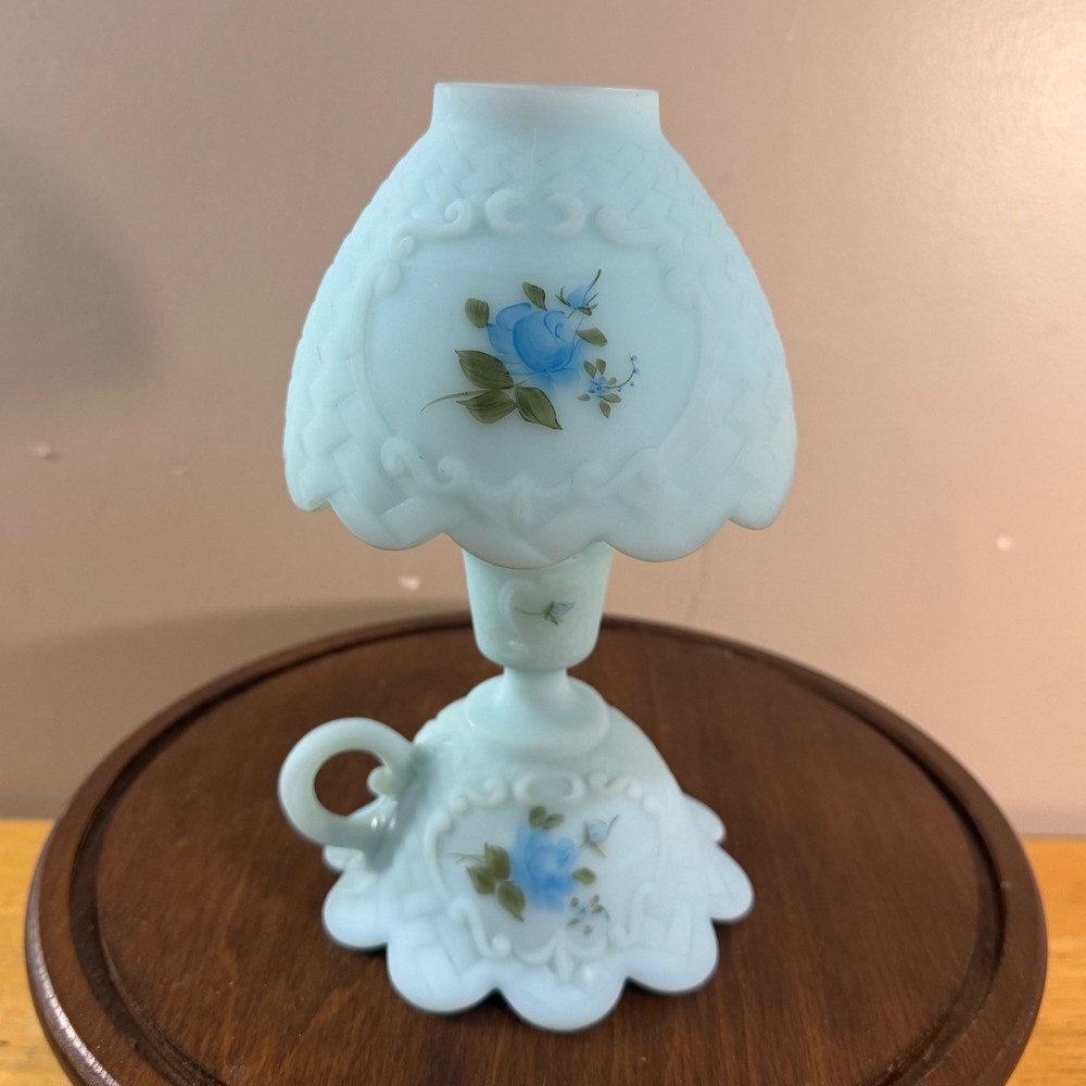 Fenton Fairy Lamp Vtg Blue Satin Glass Hand Painted Roses Basketweave 2pc Set